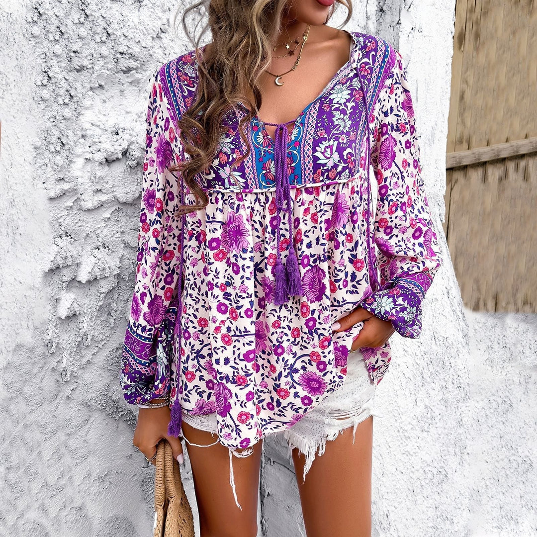Women's Boho Blouses V-Neckline Tassel Drawstring Tunic Style