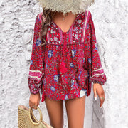 Women's Boho Blouses V-Neckline Tassel Drawstring Tunic Style