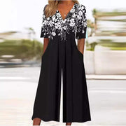 Women's Floral Wide Leg Jumpsuit V Neck Elbow Sleeve Flowing Palazzo Style