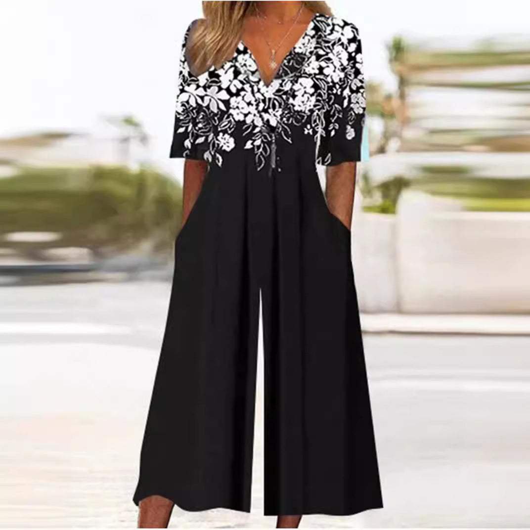 Women's Floral Wide Leg Jumpsuit V Neck Elbow Sleeve Flowing Palazzo Style