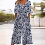 Load image into Gallery viewer, Women's Floral Wide Leg Jumpsuit V Neck Elbow Sleeve Flowing Palazzo Style
