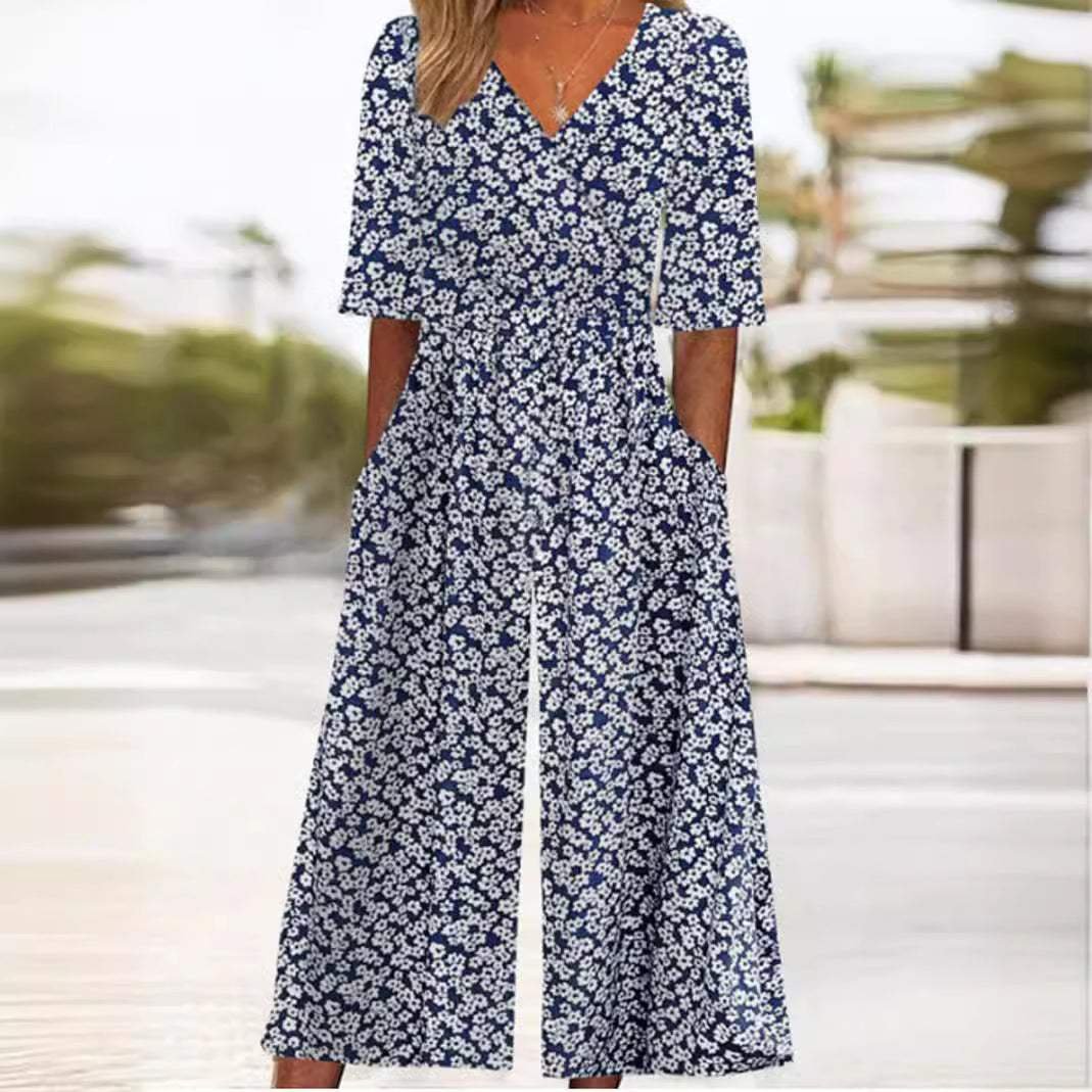 Women's Floral Wide Leg Jumpsuit V Neck Elbow Sleeve Flowing Palazzo Style