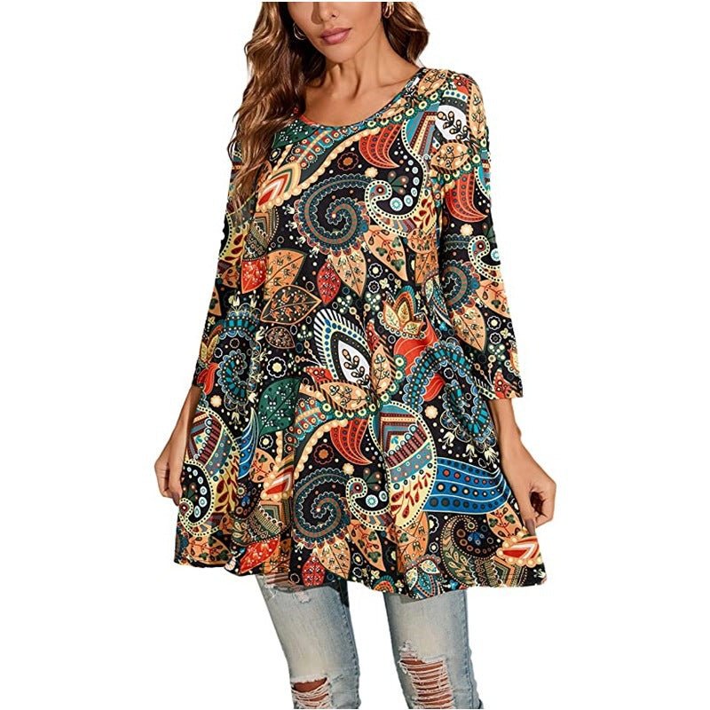 Women's Boho Tunics Mandala Print Swing Silhouette Elbow Sleeve