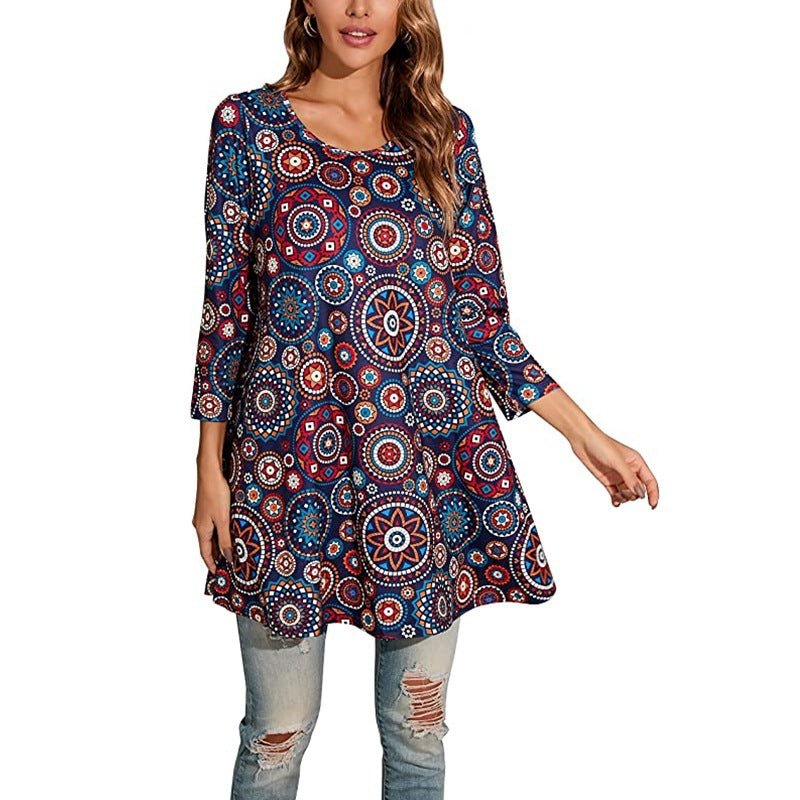 Women's Boho Tunics Mandala Print Swing Silhouette Elbow Sleeve