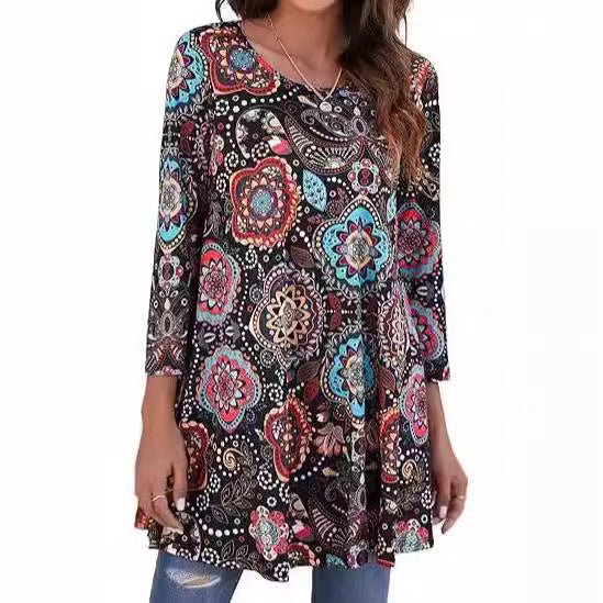 Women's Boho Tunics Mandala Print Swing Silhouette Elbow Sleeve