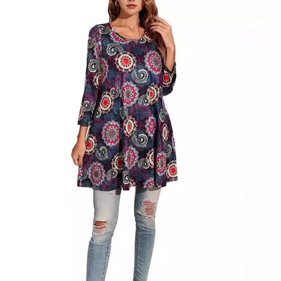 Women's Boho Tunics Mandala Print Swing Silhouette Elbow Sleeve