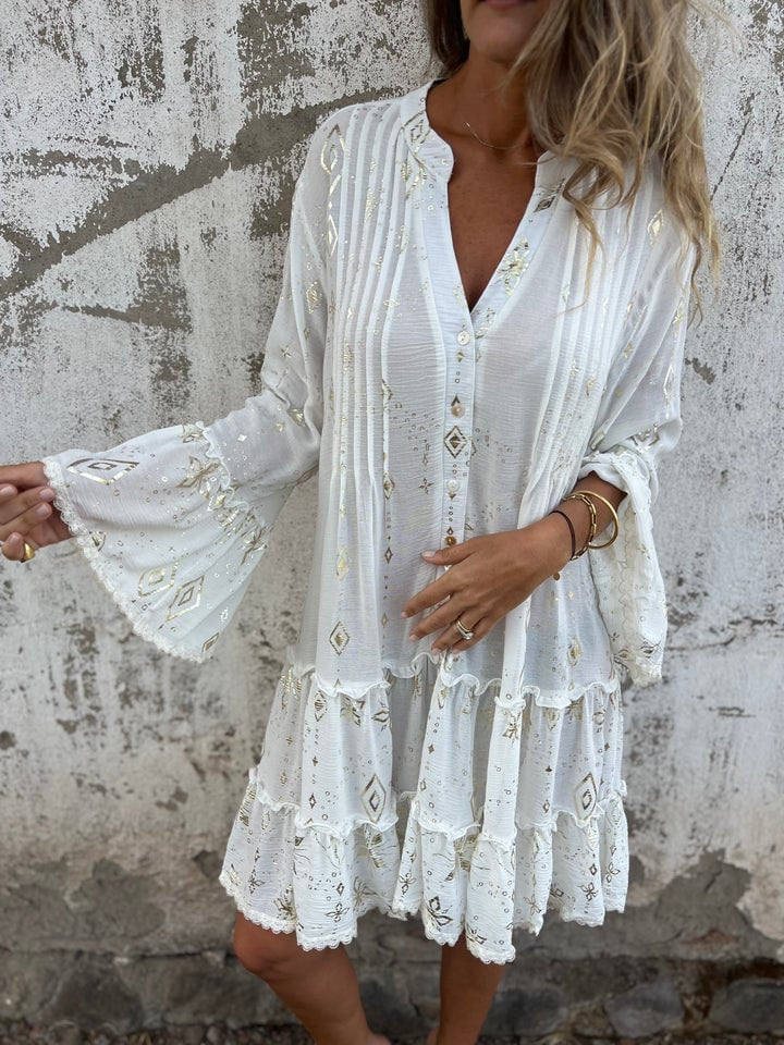 Women's Lace Mini Dress V Neck Bell Sleeve Tiered Ruffle Hem
