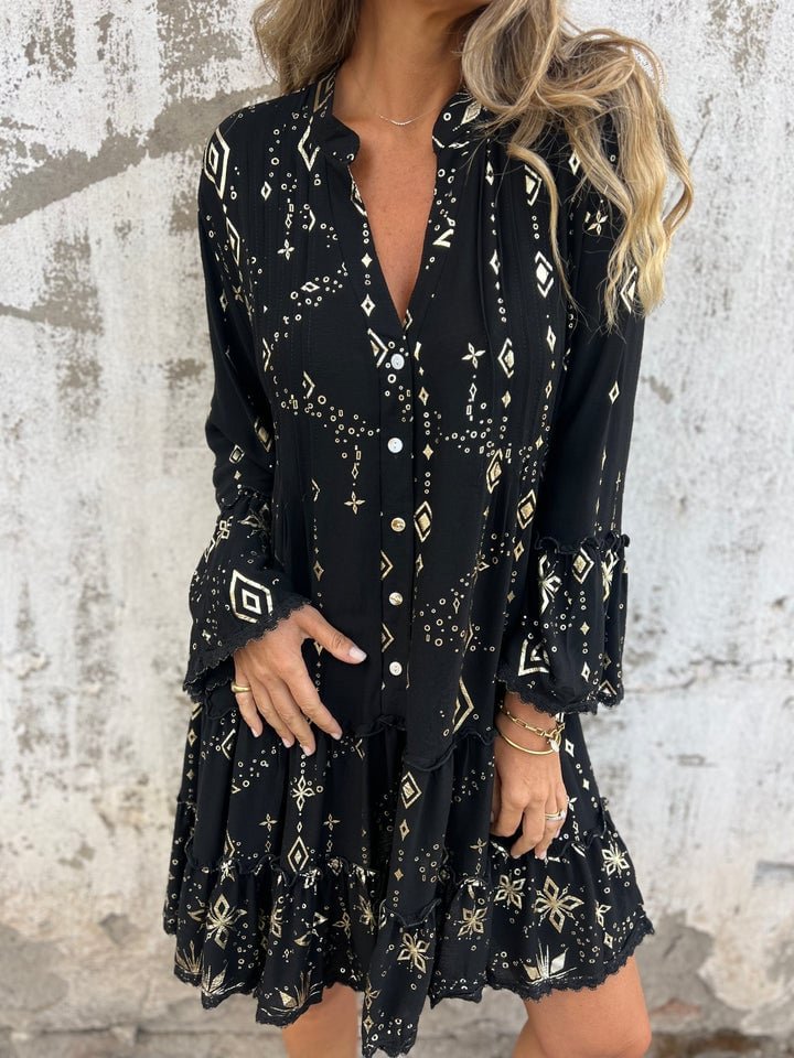 Women's Lace Mini Dress V Neck Bell Sleeve Tiered Ruffle Hem