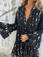 Load image into Gallery viewer, Women's Lace Mini Dress V Neck Bell Sleeve Tiered Ruffle Hem
