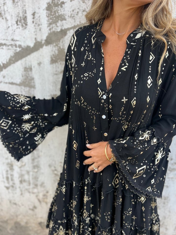 Women's Lace Mini Dress V Neck Bell Sleeve Tiered Ruffle Hem