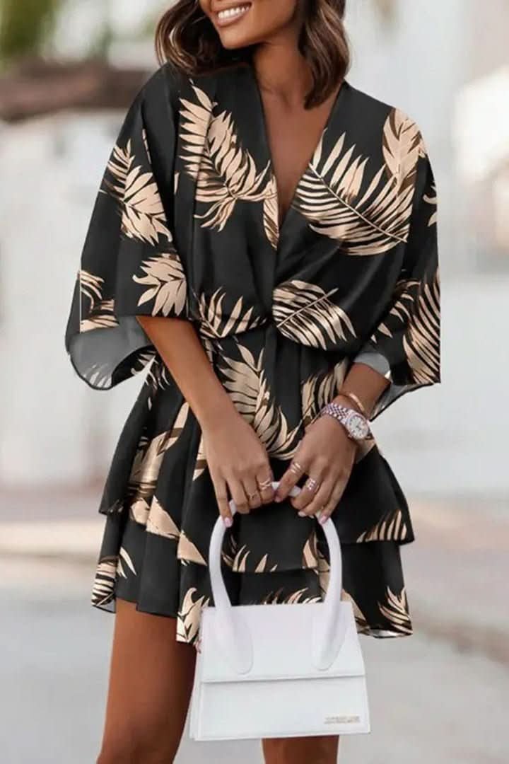 Women's Mini Dress Tiered Skirt Batwing Sleeve Boho Cocktail Style
