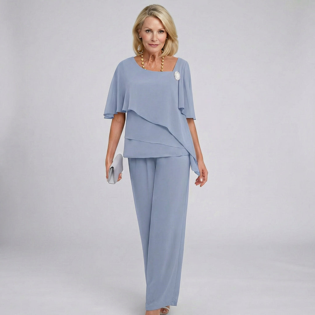 Women's Wide Leg Set Round Neck Flutter Sleeve Draped Two Piece Formal Wedding Guest Style