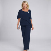 Women's Wide Leg Set Round Neck Flutter Sleeve Draped Two Piece Formal Wedding Guest Style