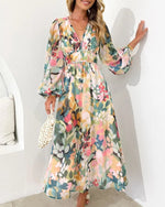 Load image into Gallery viewer, Women's Wedding Guest Dress V Neck Long Sleeve Floral Belted Midi Style
