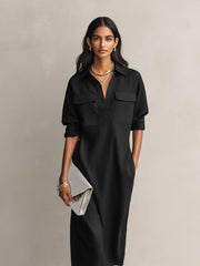 Women's Black Cotton Linen Shirt Dress Collar Elbow Sleeve Relaxed Midi Style