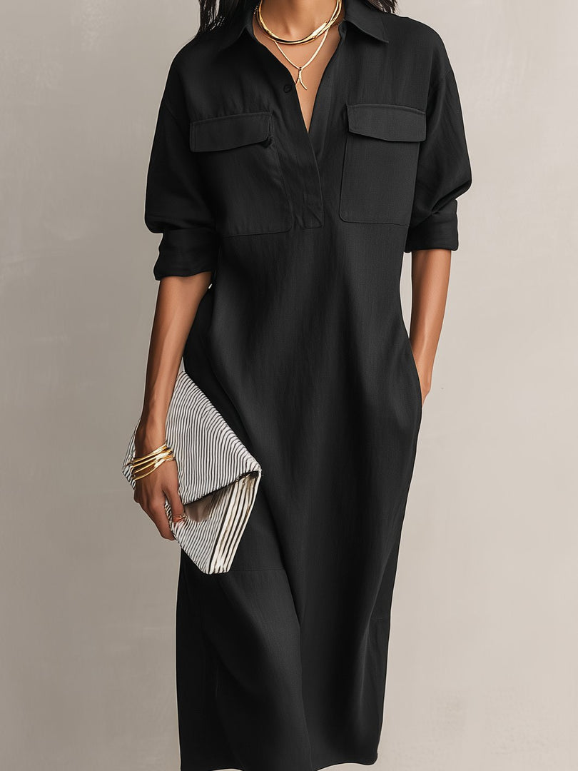 Women's Black Cotton Linen Shirt Dress Collar Elbow Sleeve Relaxed Midi Style