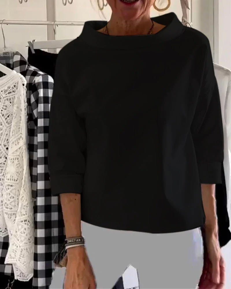 Women's Boat Neck Blouses Elbow Sleeve Relaxed Drapey Soft Knit Style