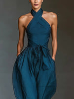 Load image into Gallery viewer, Women's Navy Blue Jumpsuit Halter Neck Sleeveless Wide Leg Relaxed Formal Style

