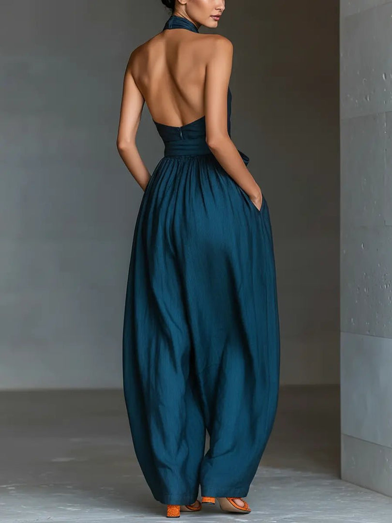 Women's Navy Blue Jumpsuit Halter Neck Sleeveless Wide Leg Relaxed Formal Style