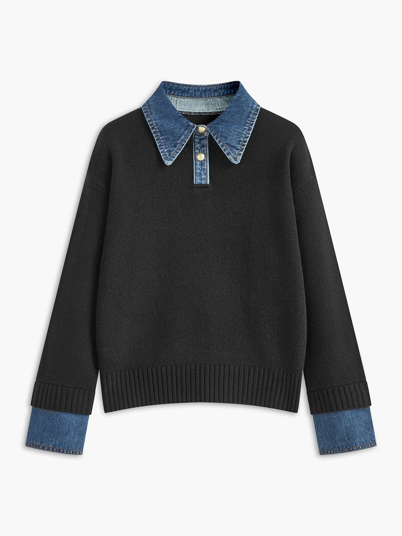 Women's Polo Shirts Denim Collar Knit Sweater Design