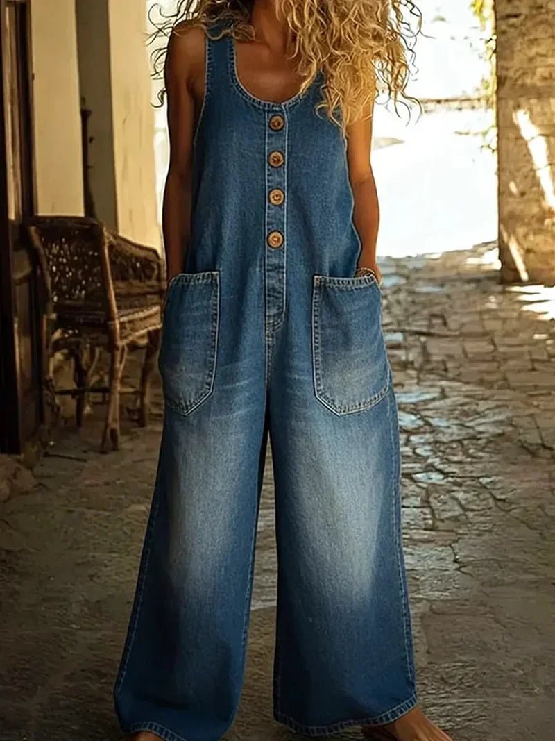 Women's Denim Jumpsuit Scoop Neck Sleeveless Button Front Loose Fit Casual Style