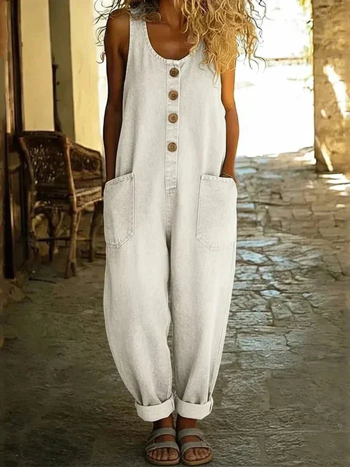 Women's Denim Jumpsuit Scoop Neck Sleeveless Button Front Loose Fit Casual Style