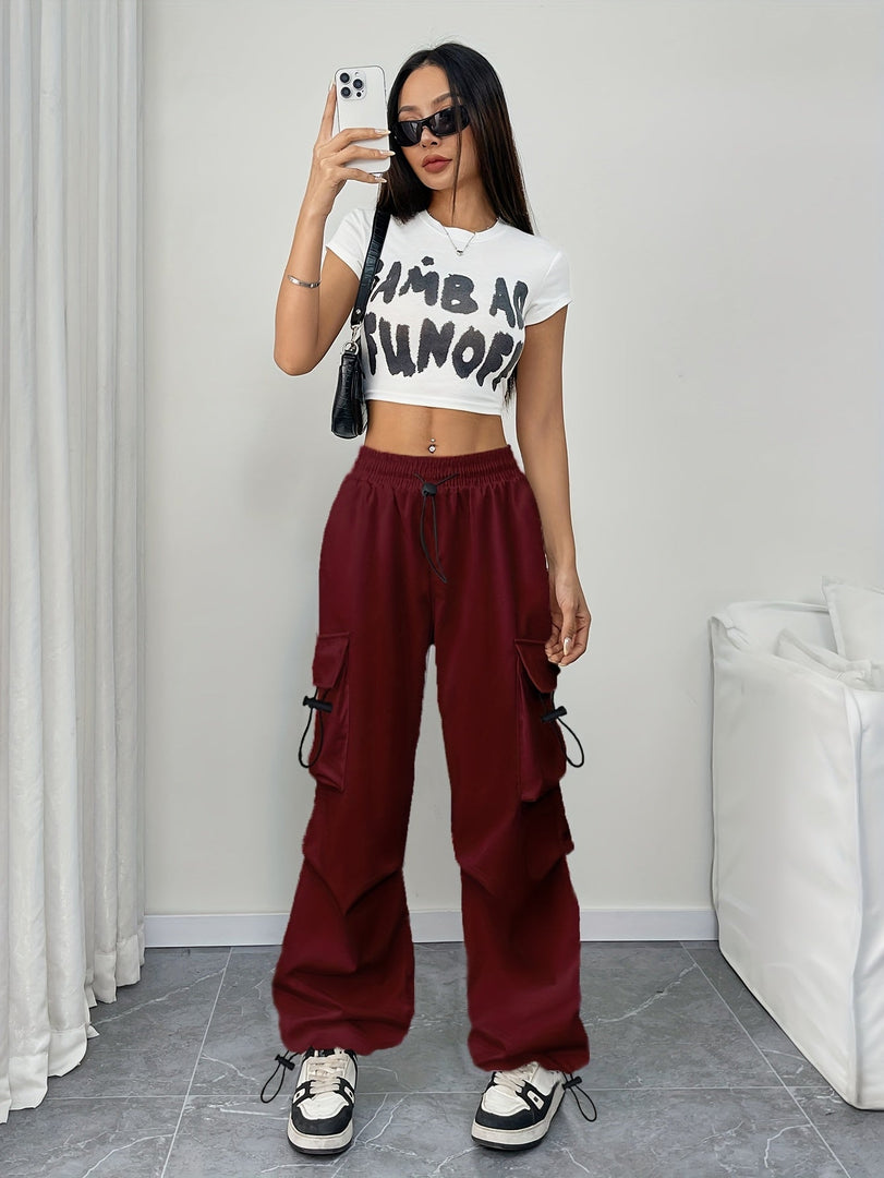 Women's Cargo Pants Drawstring Waist Wide Leg Pockets Streetwear Style