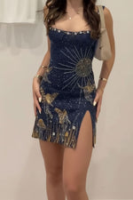 Load image into Gallery viewer, Women's Navy Glitter Mini Dress Celestial Beaded Embroidery Cocktail Party Style
