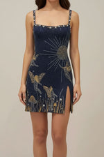 Load image into Gallery viewer, Women's Navy Glitter Mini Dress Celestial Beaded Embroidery Cocktail Party Style
