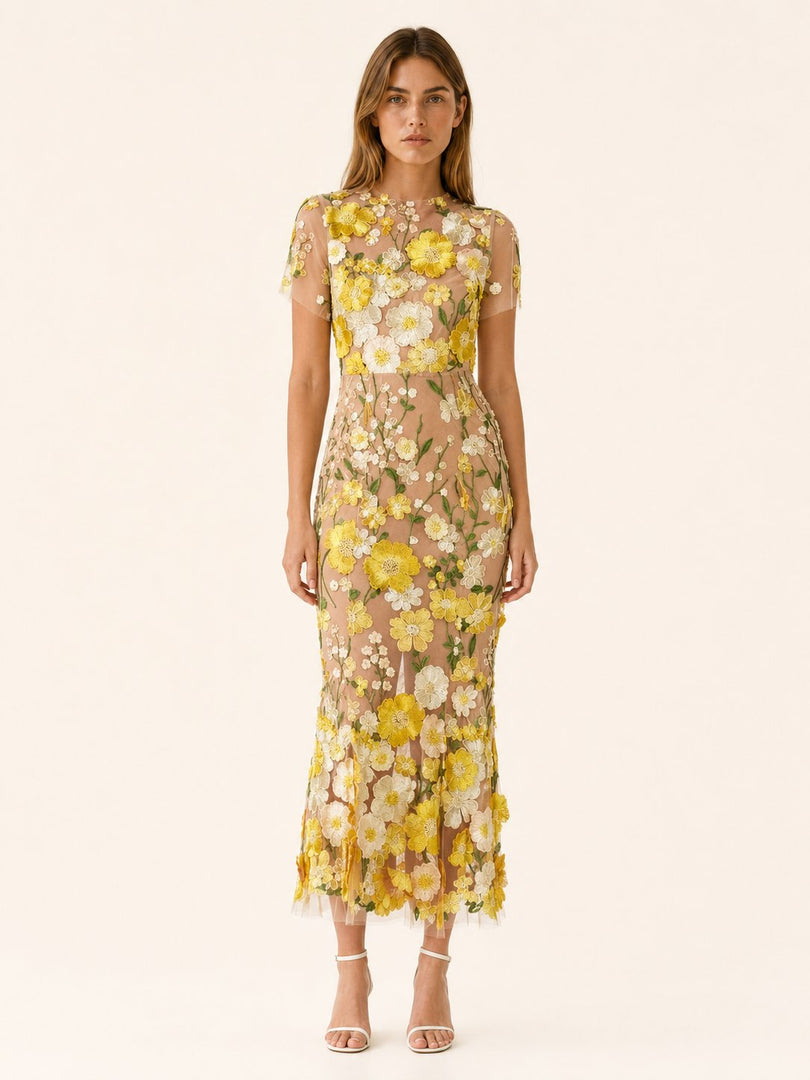 Women's Wedding Guest Dress Round Neck Short Sleeve Floral Midi Formal Style