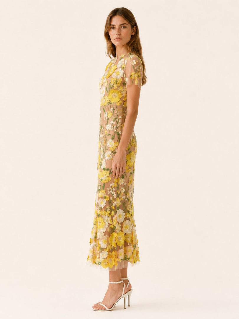 Women's Wedding Guest Dress Round Neck Short Sleeve Floral Midi Formal Style