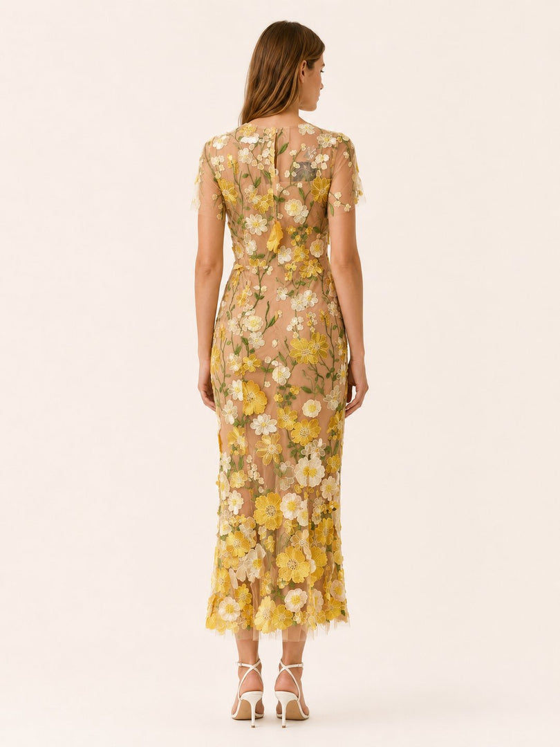 Women's Wedding Guest Dress Round Neck Short Sleeve Floral Midi Formal Style
