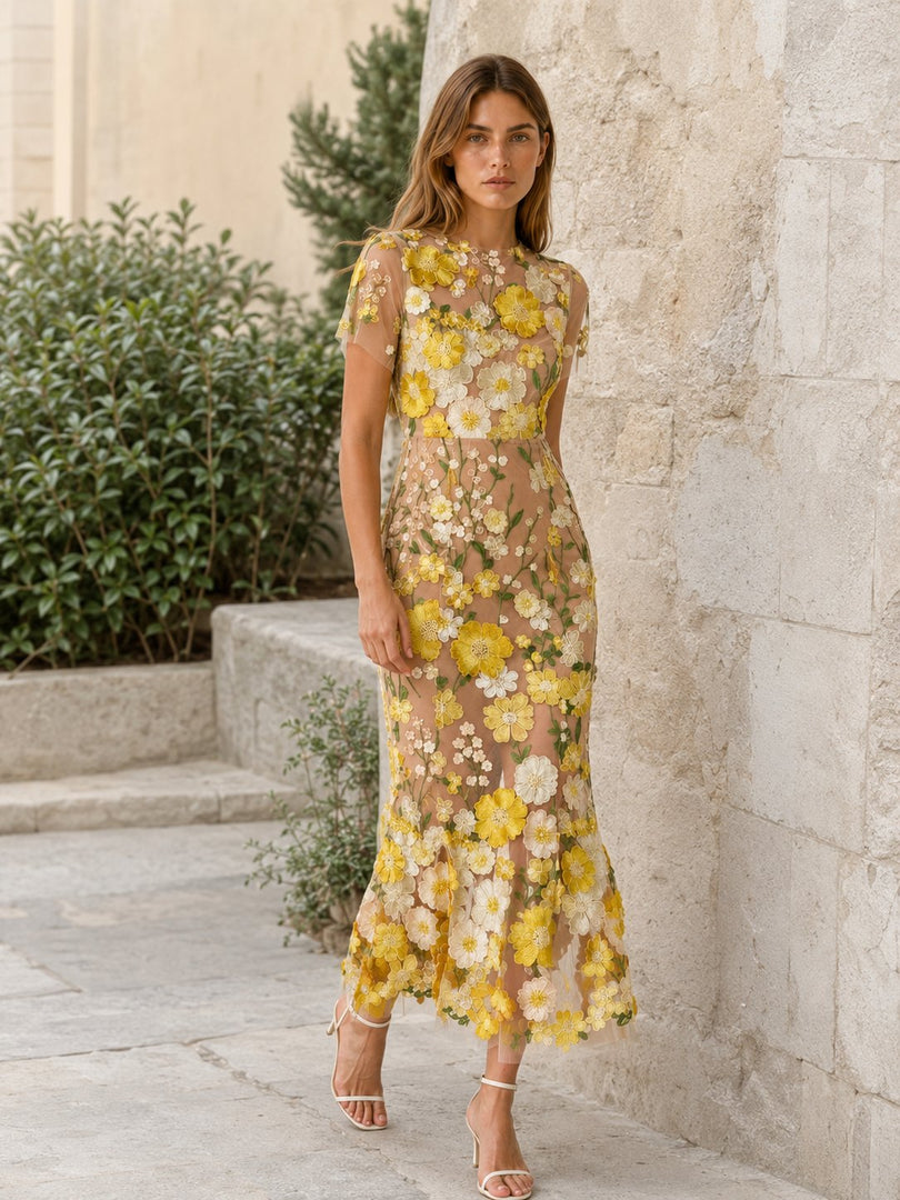 Women's Wedding Guest Dress Round Neck Short Sleeve Floral Midi Formal Style