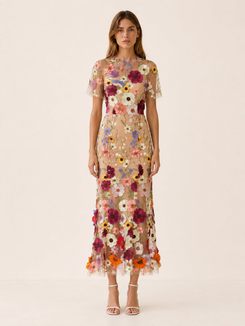 Women's Wedding Guest Dress Round Neck Short Sleeve Floral Midi Formal Style