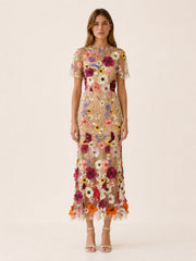 Women's Wedding Guest Dress Round Neck Short Sleeve Floral Midi Formal Style