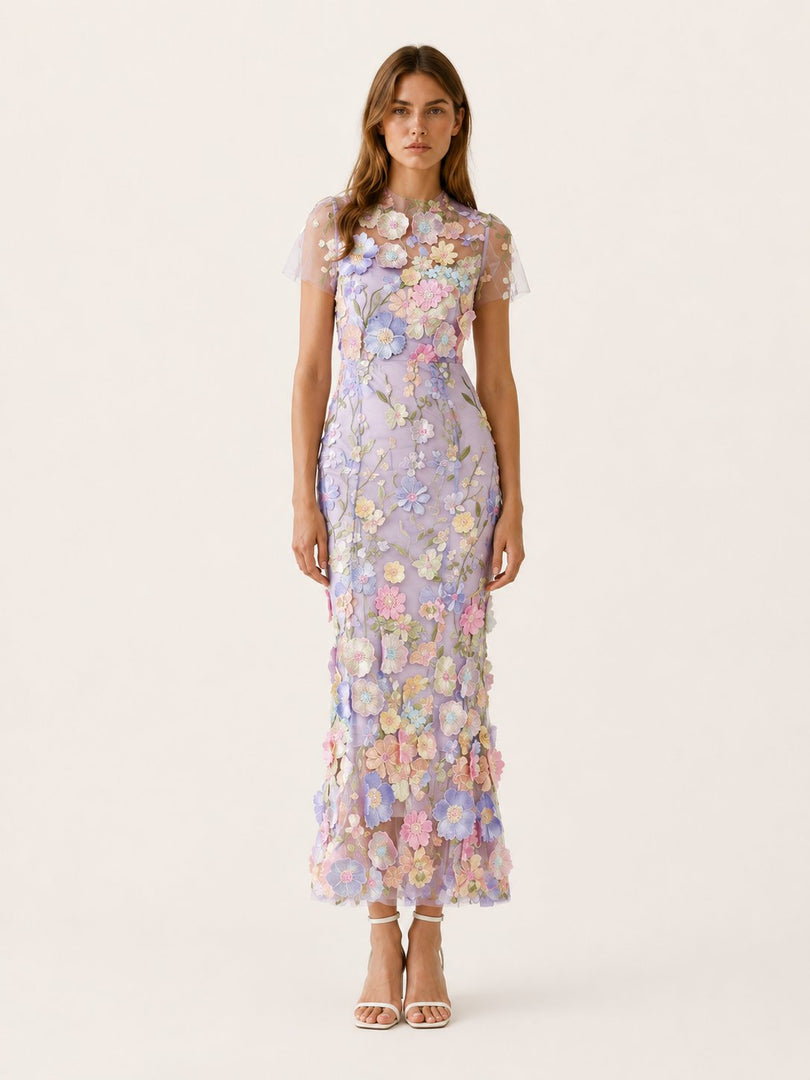 Women's Wedding Guest Dress Round Neck Short Sleeve Floral Midi Formal Style