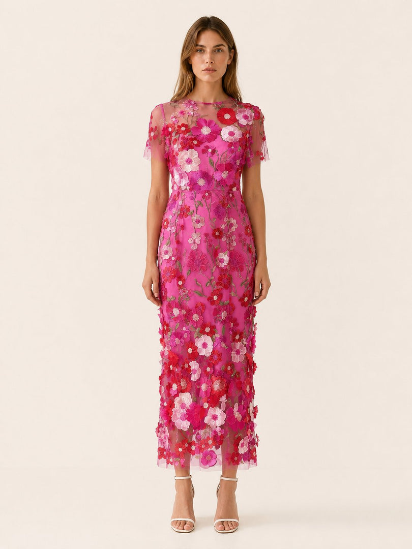 Women's Wedding Guest Dress Round Neck Short Sleeve Floral Midi Formal Style