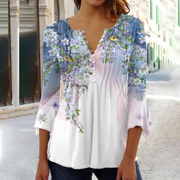Women's Floral Blouses Long Sleeve Henley Button Placket Relaxed Fit