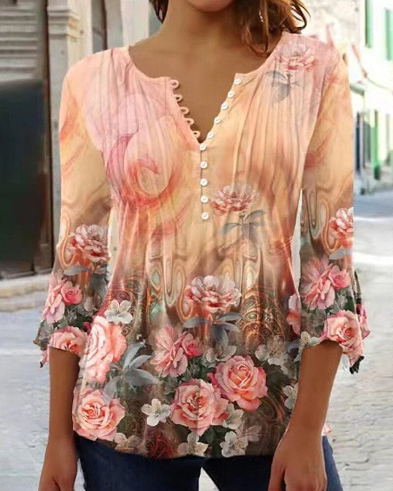 Women's Floral Blouses Long Sleeve Henley Button Placket Relaxed Fit
