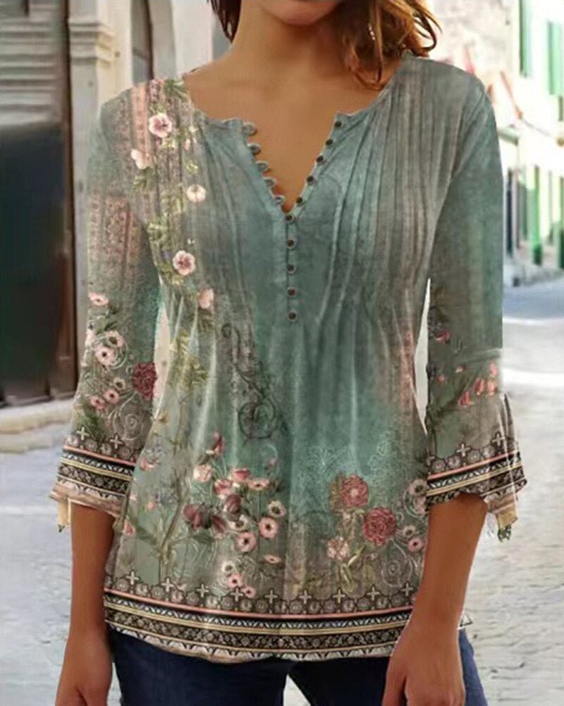 Women's Floral Blouses Long Sleeve Henley Button Placket Relaxed Fit
