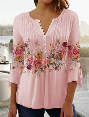 Women's Floral Blouses Long Sleeve Henley Button Placket Relaxed Fit