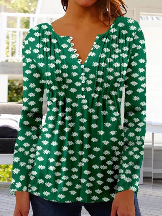 Women's Floral Blouses Long Sleeve Henley Button Placket Relaxed Fit