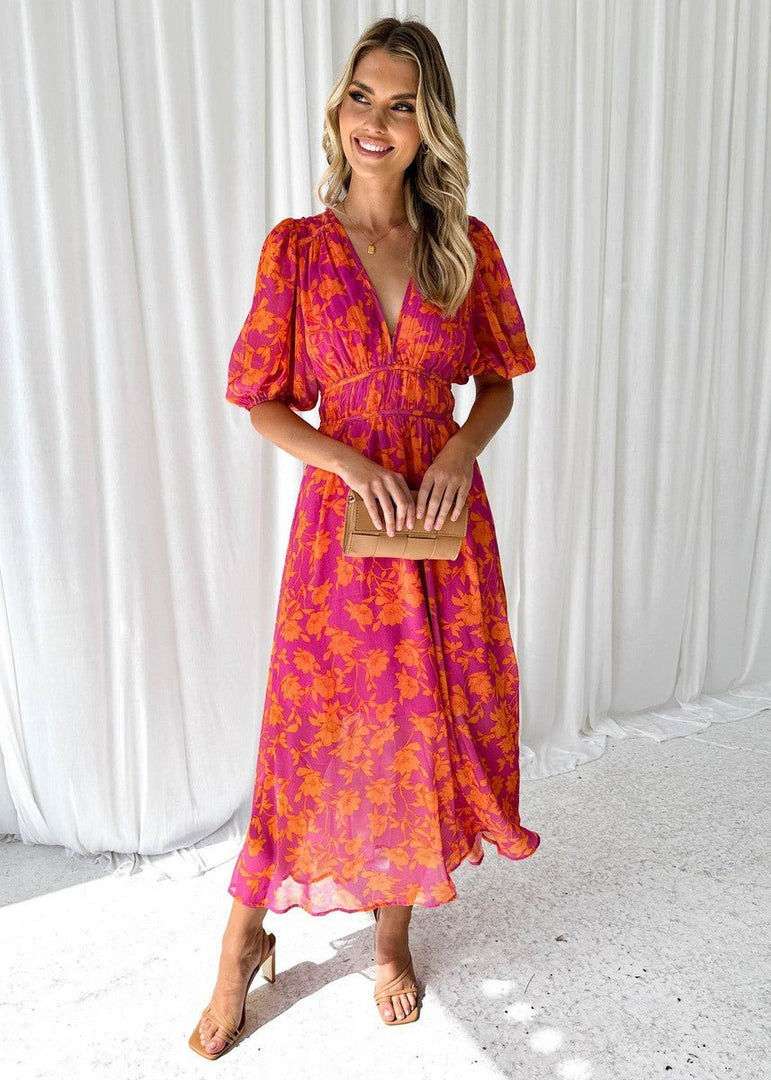 Women's Pink Orange Maxi Dress V Neck Short Sleeve Floral Flowing Style