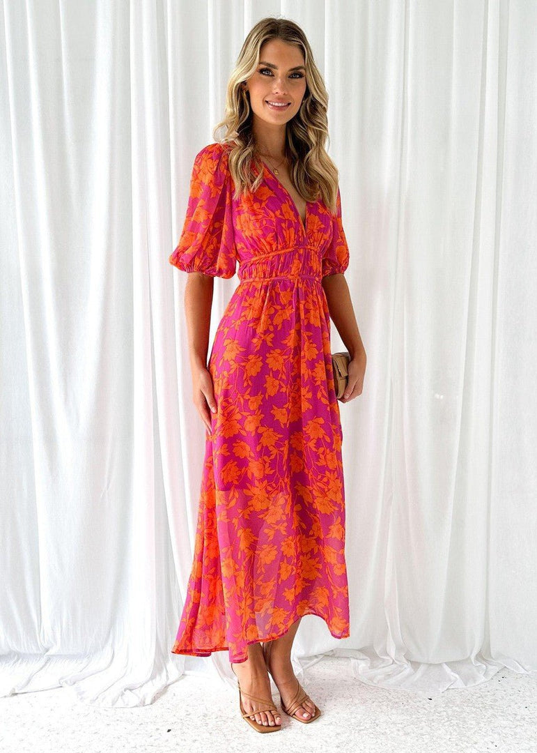 Women's Pink Orange Maxi Dress V Neck Short Sleeve Floral Flowing Style