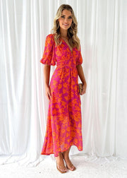 Women's Pink Orange Maxi Dress V Neck Short Sleeve Floral Flowing Style