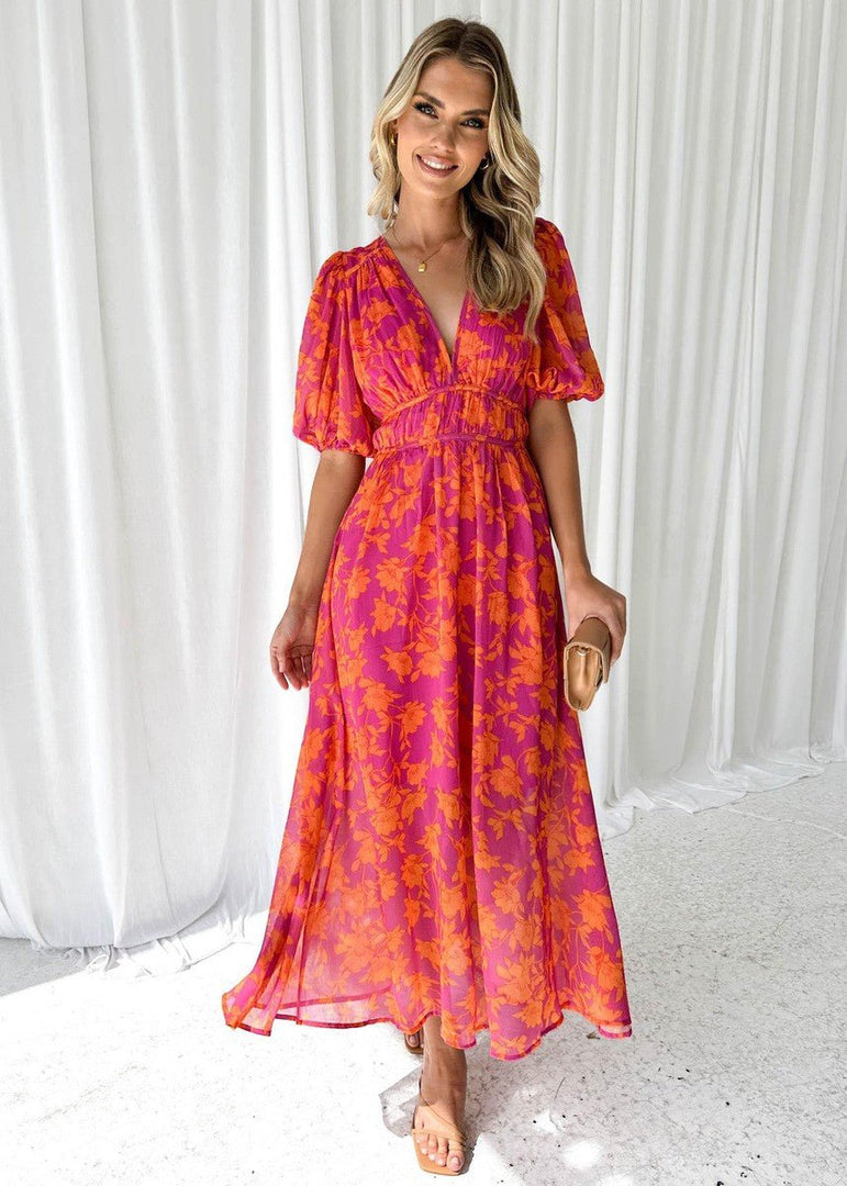 Women's Pink Orange Maxi Dress V Neck Short Sleeve Floral Flowing Style
