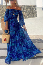Load image into Gallery viewer, Women's Blue Floral Maxi Dress Off Shoulder Mother of the Bride Style
