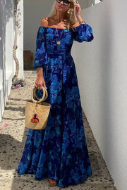 Women's Blue Floral Maxi Dress Off Shoulder Mother of the Bride Style