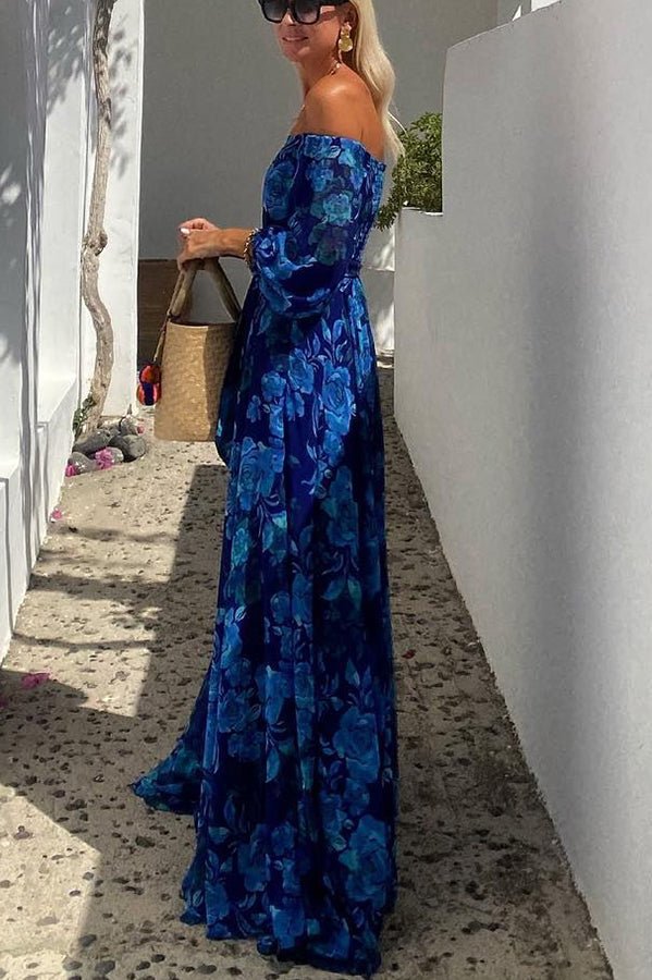 Women's Blue Floral Maxi Dress Off Shoulder Mother of the Bride Style