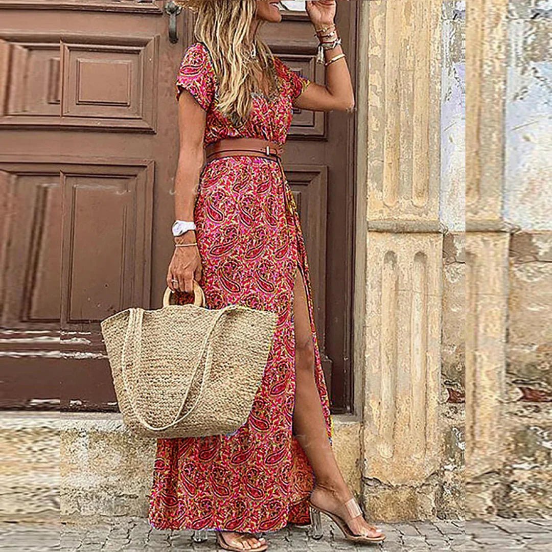Women's Floral Dress V Neck Sleeveless Side Split Maxi Casual Style